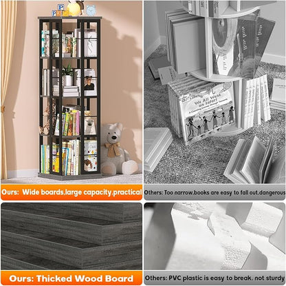 Aheaplus Rotating Bookshelf, 4-Tier Corner Bookshelf, 360 Display Wood Spinning Bookshelf, Floor Standing Bookcase Narrow Shelf Revolving Organizer Storage Rack for Small Space, Grey Oak
