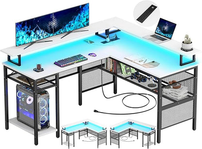 Unikito L Shaped Computer Desk with LED Strip and Power Outlets, Reversible Corner Desk with Monitor Stand and Storage Shelf, Modern Gaming Home Office Table with USB Ports, White