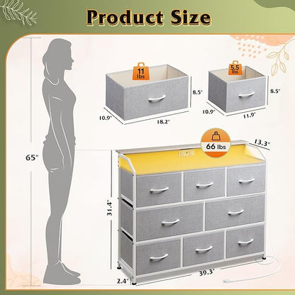 WLIVE Dresser TV Stand with Power Outlets, Led Dresser for Bedroom, Fabric Chest of Drawers with Open Shelves, Wood Top, Steel Frame, 6 Drawer Dressers for Closet, Living Room, Light Grey