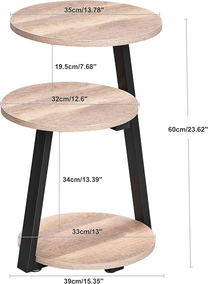 BEWISHOME Round End Table Side Table with Metal Frame, Accent Table Nightstand Bedside Table with 3-Tier Shelves, Small Couch Coffee Table for Living Room Bedroom Greige KTZ41G