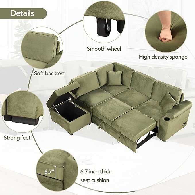 Ball & Cast Sleeper Sofa Bed L Shaped Couch with Storage Ottoman,Pull-Out Sectional Sofa Couch w/Cup Holder and Charging Stations,for Living Room and Small Apartment,Green