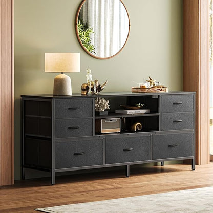 Huuger TV Stand Dresser with Power Outlets and LED Lights, 7 Drawer Console for 55 Inch TV, Black PU Leather Bedroom Dresser
