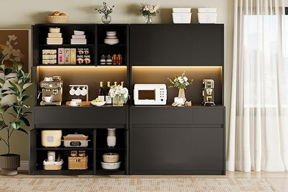 Garvee Kitchen Pantry Storage Cabinet, Tall Storage Cabinet with Doors and Shelves, Kitchen Storage Hutch with Microwave Stand, Led Lights and Charging Station,Corner Pantry Cabinet,Black