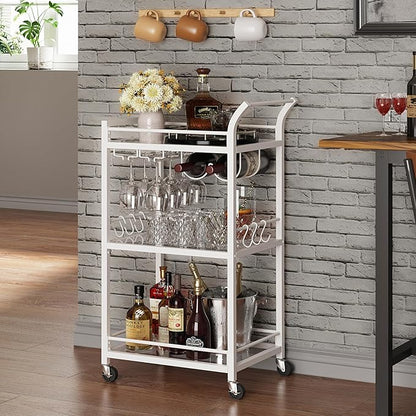 TUTOTAK Bar Cart, Home Bar Serving Cart with 3-Tier Mirrored Shelf, Mobile Kitchen Shelf, Rolling Beverage Cart, White BC01BW034