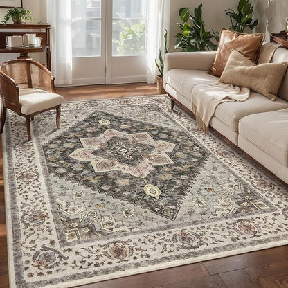 Tangsoo 3x5 Area Rug Vintage Washable Rugs Non Slip, Farmhouse Rugs Indoor Accent Rug Print Distressed Brown Grey Carpet, Soft Low Pile Rug for Living Room Bedside Entryway Bedroom