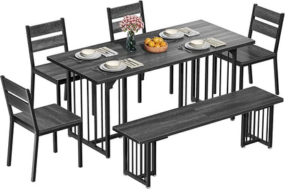 DWVO 63 Inch Dining Table Set for 6-8 People 6-Piece Large Kitchen Table Set with 2 Benches and 4 Chairs Farmhouse Rectangular Dining Room Table for Kitchen Dining Room Apartment Dark Grey