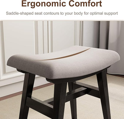 Solid Wood Small Vanity Stool, Compact Makeup Chair with Saddle Cushion, Linen-Covered High Rebound Sponge Seat, Easy Assembly Footstool for Bedroom, Entryway, Home, Black