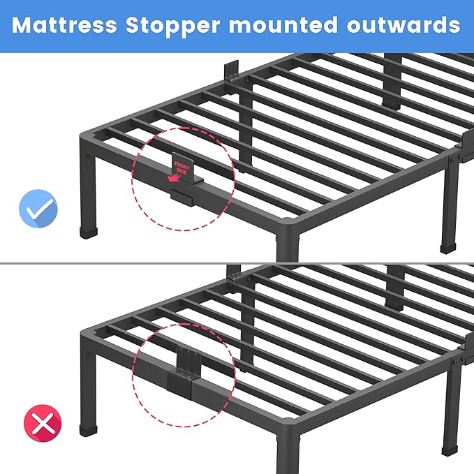 MAF 18 Inch Twin XL Bed Frames with Round Corner Legs Mattress Slide Stopper No Box Spring Needed Heavy Duty Metal Platform Bed Frame Under-Bed Storage Space, 3000 LBS Steel Slats Support