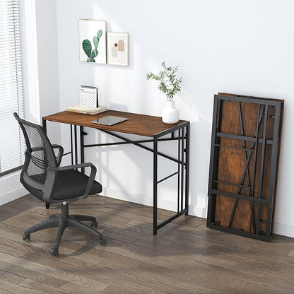 35 inch Folding Small Desk, Writing Gaming Computer Camping Desk for Small Spaces, No Assembly Required Home Office Table, Mahogany