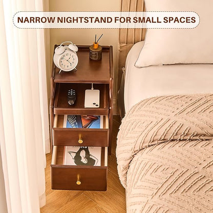 Uniclinens Narrow Nightstand with Drawers, Small Slim Solid Wood Bedside Table for Bedroom, Modern End/Side for Living Room, Walnut