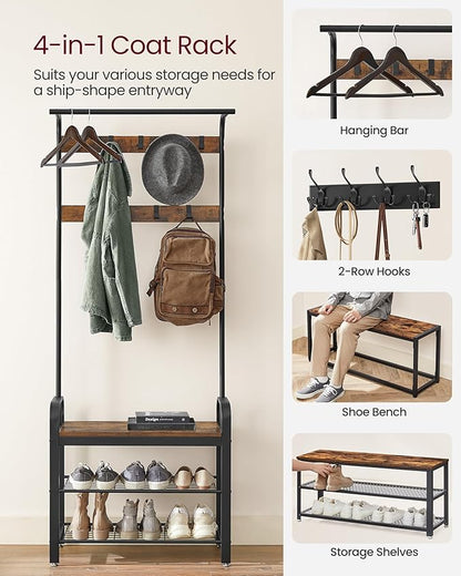 VASAGLE 6-Tier Bookshelf, Tall Display Shelf, Freestanding Storage Shelf, Rustic Brown ULBC61BX Coat Rack, Hall Tree with Shoe Bench for Entryway, Rustic Brown and Black UHSR40B