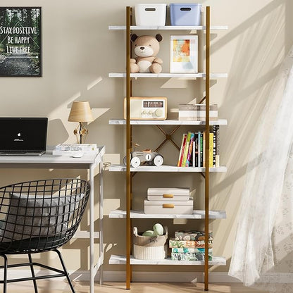6 Tiers Bookshelf Organizer White Faux Marble Shelf,Modern Open Display Storage Bookcase, and Metal Bookshelf Standing Storage Shelf Tall Shelving Units for Home Office Study