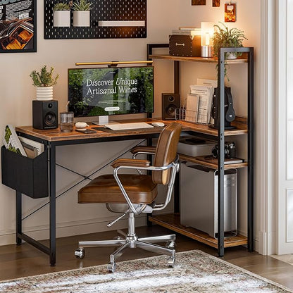 40 Inch L Shaped Computer Desk with Reversible Storage Shelves, Home Office Corner Desk Study Writing Table with Hutch, Study, Rustic Brown