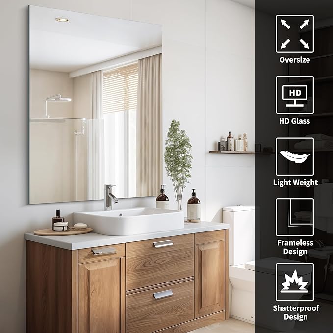 Frameless Rectangle Mirror, 36x48 Inch Large Bathroom Mirrors for Wall Over Sink, Upgraded Shatterproof Vanity Mirror with Polished Edge for Bathroom,Bedroom,Living Room and Entryway