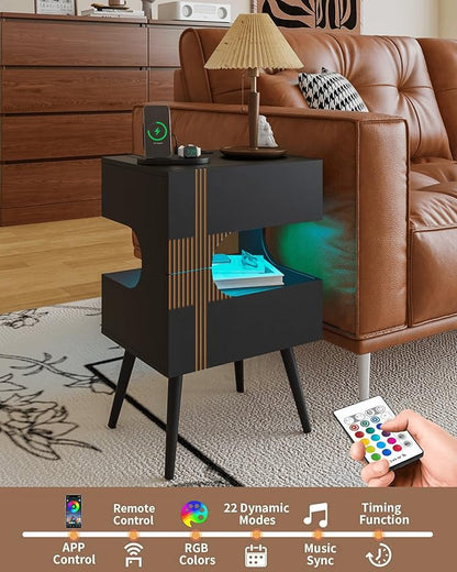 Black Nightstand with Charging Station and LED Lights,Modern Bedside Table with 2 Storage Drawer,Night Stand with Solid Wood Legs,White (Black-2)