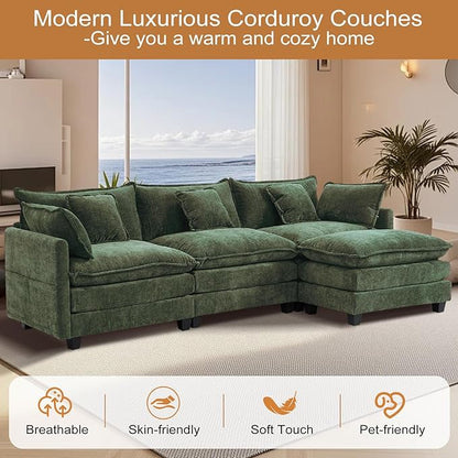 Furniliving 112‘’ L-Shaped Sofa, Luxury Chenille Modular Sectional Couches with Ottoman, Upholstered Deep Seat Sleeper Sofa with Memory Foam and Waist Pillows, Green