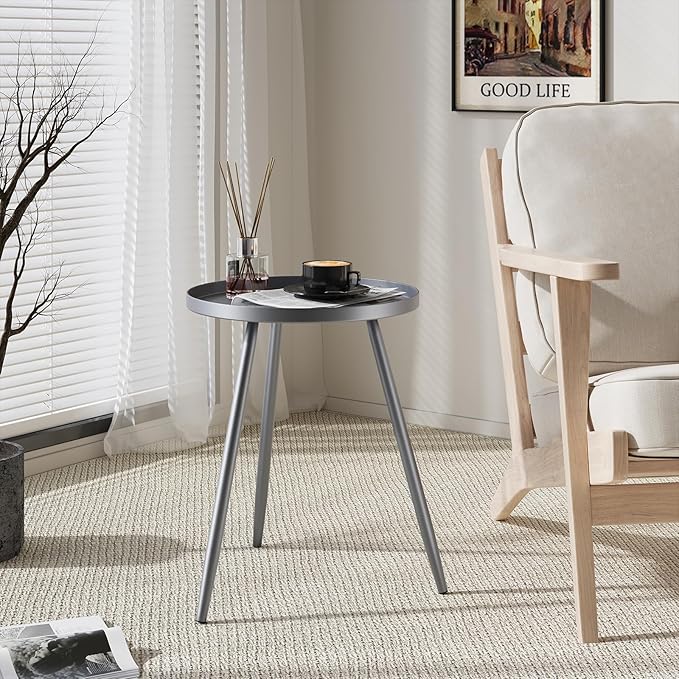 Apicizon 16" Round Side Table Set of 2, Metal End Table for Living Room, Bedroom, Bedside, Mid Century Modern Coffee Table or Circle Accent Table for Small Spaces, Grey