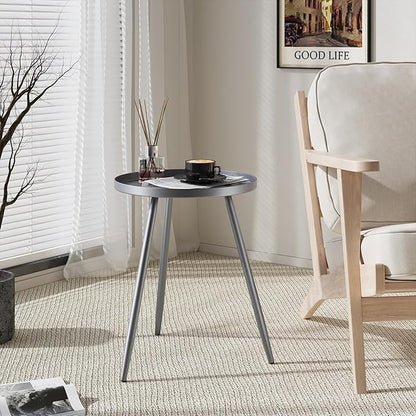 Apicizon 16" Round Side Table, Black End Table for Living Room, Bedside, Mid Century Modern Coffee or Circle Accent Table for Small Spaces, Metal Nightstand (Grey)
