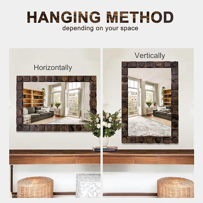 36x24 Inch Handcrafted Solid Wood Square Wall Mirror with Geometric Wood Inlay Design, Rustic Natural Texture for Bathroom, Bedroom, Living Room Decor