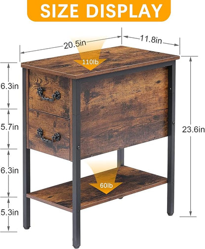 VECELO End Tables,Narrow Nightstand with Drawers and Storage Shelf,Modern Night Stand for Small Spaces, Living Room,Bedroom