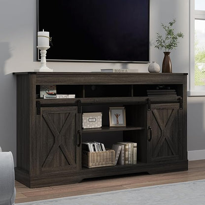 RoyalCraft Farmhouse TV Stand for 23" Fireplace, 34'' Tall Entertainment Center for 65+ Inch TV, 34" Tall Rustic TV Console with Sliding Bar Door for Living Room, Dark Grey
