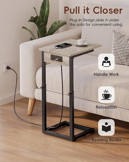 Vagusicc C Shaped End Table with Charging Station, 33" Tall Side Table for Couch, C Table Adjustable Height Small Couch Side Table, Slide Under Sofa Table TV Tray Table for Living Room, Bedroom, Grey