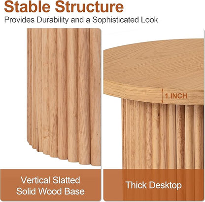 Round Side Table, Small Wood End Table Nightstand for Living Room, Bedroom, Office Small Spaces, Mid Century Modern Farmhouse Accent End Tables, Fluted Base Design, 16.93" D x 22.44" H