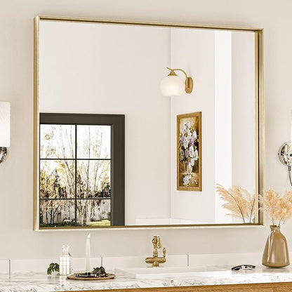 Keonjinn Brushed Gold Bathroom Mirror 42 x 36 Inch Metal Frame Rectangular Large Wall Mirror for Bathroom Sink Gold Vanity Mirror for Over Sink Aluminum Alloy Rectangle Mirror(Horizontal/Vertical)