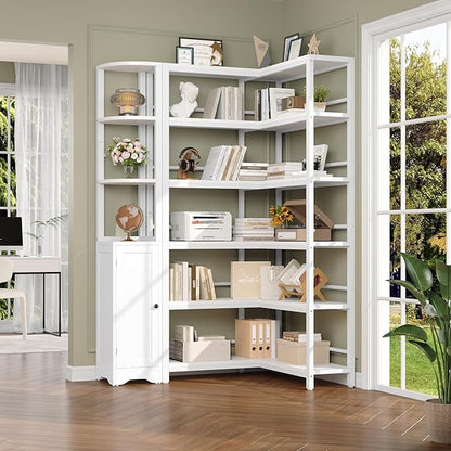 Keyluv 72" Tall Corner Bookshelf with Door, 6-Tier L Shaped Bookshelves and Bookcase with Storage Cabinet, 2 Pieces Individual Convertible Book Shelf, Display Shelf for Home Office Living Room, White