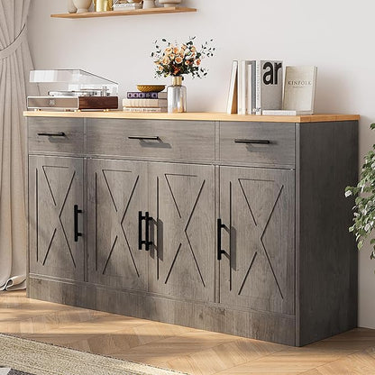 Shintenchi Buffet Cabinet with Storage,53.4" Large Kitchen Storage Cabinet with 3 Drawers and 4 Doors,Wood Farmhouse Buffet Sideboard with Adjustable Shelf for Kitchen Living Room,Ash Grey