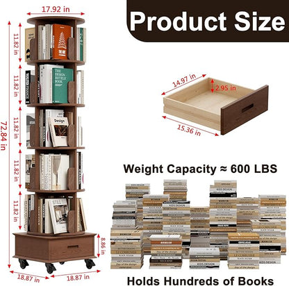 Solid Wood Rotating Bookshelf Tower on Wheels, 5-Tier Spinning Bookcase with Drawer, 72" Floor Standing Revolving Bookshelf, Rotating Bookcase for Small Space, Walnut