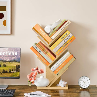 Hoctieon 4 Tier Tree Bookshelf, 4 Shelf Bookcase, Free Standing Tree Bookcase, Display Floor Standing Shelf for Books, Book Organizer Shelves for Home Office, Living Room, Bedroom, Yellow