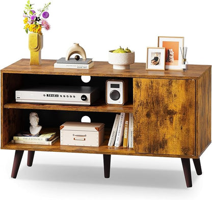 WLIVE TV Stand for 43 Inch TV, Small Entertainment Center with Storage Cabinet & Adjustable Shelves, Mid-Century Modern TV Stands for Living Room and Bedroom, 32" TV Console, Brown