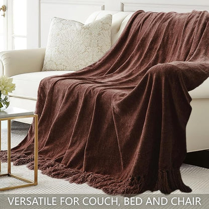 Chenille Throw Blanket for Couch 50"X 60", Soft Cozy Throws with Fringe Tassel for Bed Sofa Chair Cover, Lightweight Knitted Decorative Boho Blankets for Living Room, Dark Brown