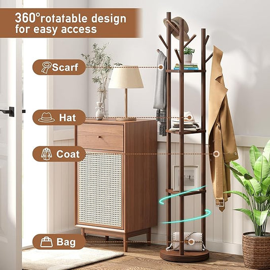 FILWH Bamboo Coat Rack Rotary Freestanding with Shelf Tree Stand for Hallway Entryway Hanger Stand with 9 Hooks 3 Shelves (Brown)