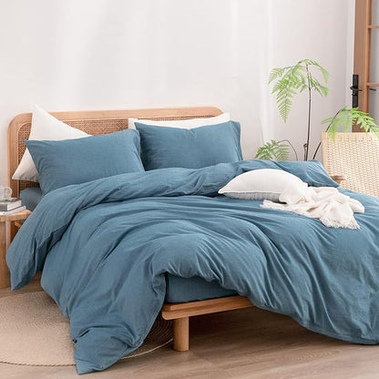 BESTOUCH Duvet Cover Set 100% Washed Cotton Linen Feel Super Soft Comfortable Chic Lightweight 2 PCs Home Bedding Set Solid Dark Blue Twin/Twin XL