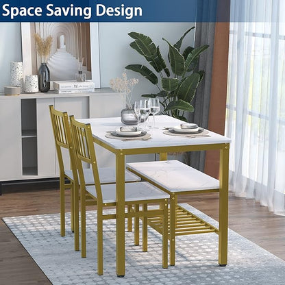 Teraves Dining Table Set for 4/Computer Desk,Kitchen Table with 2 Chairs and a Bench,Table and Chairs Dining Set 4 Picce Set for Dining Room (White Marbling+ Gold Frame,120CM)