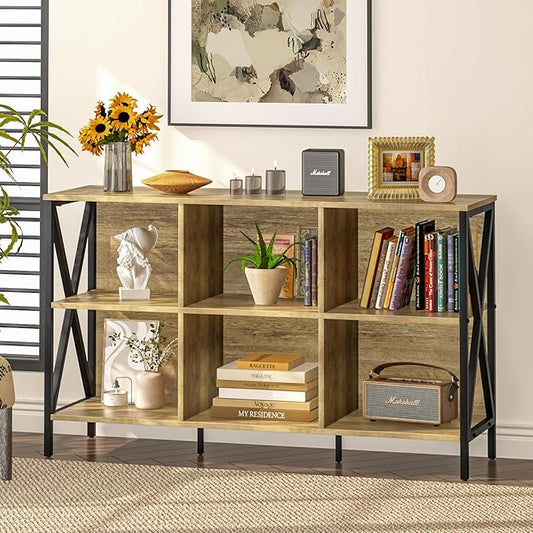 Horizontal Bookshelf Bookcase,6 Cube Storage Organizer with Open Shelf,47 Inch Industrial Low Wide Wood and Metal Cubby shelf,Long shelving unit for Home Office Living Room(Rustic Oak,6 Cube)
