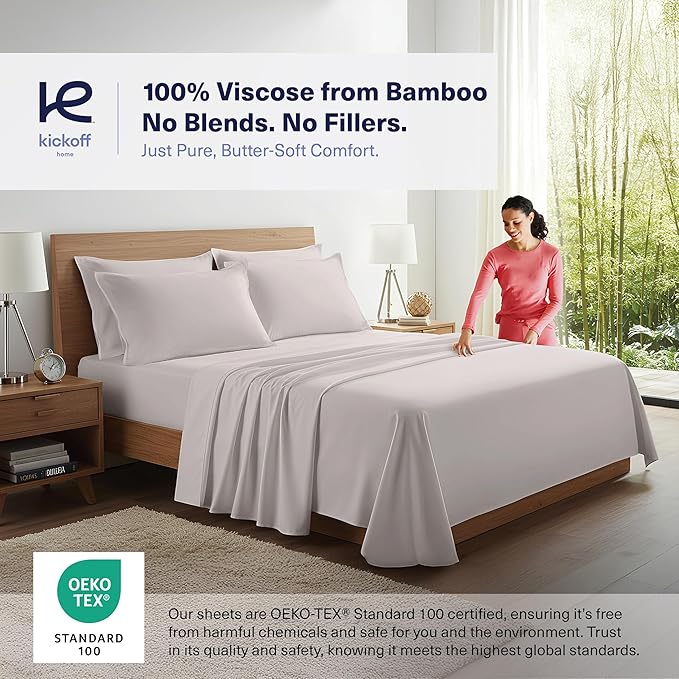 Kickoff Viscose Bamboo Sheets King Size 4-pc 100% Organic Bamboo Viscose Bed Cooling Sheets King Size Set Cool Bedding for hot Sleepers Sheet, Flat, Fitted, Pillowcases (Dove Grey,K)