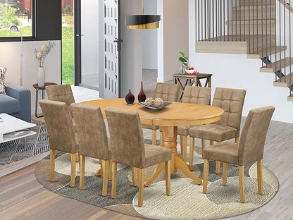 East West Furniture VAAS9-OAK-28 9 Piece Mid Century Modern Dining Table Set Contain A Dining Table and 8 Brown Textured Polyester Fabric Modern Chairs, Oak