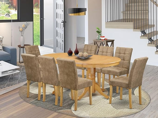 East West Furniture VAAS9-OAK-28 9 Piece Mid Century Modern Dining Table Set Contain A Dining Table and 8 Brown Textured Polyester Fabric Modern Chairs, Oak