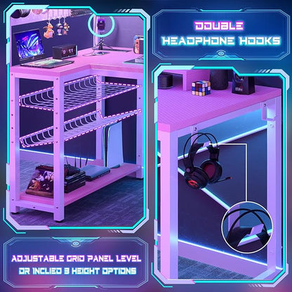 Homieasy Small Gaming Desk with Power Outlets Pegboard LED Light, 43 Inch L Shaped Computer Desk with Monitor Stand Storage Shelves, Reversible Corner Desk with Headset Hooks, Carbon Pink