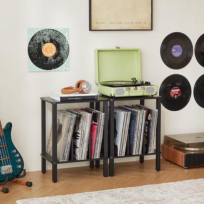LELELINKY 2-Tier Record Player Stand with Vinyl Record Storage up to 100 Albums, Bedroom Record Holder and Multi-Functional End Table for Living Room, Black