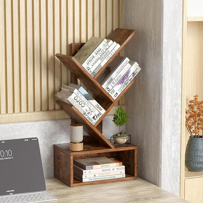 Small Tree Book Shelf,5 Tier Black Tree Bookshelf,Brown Desktop Bookcase,Modern Desk Display Storage Bookshelves,Floor Standing Organizer Bookcases for Living Room,Bedroom,Office-White-Brown