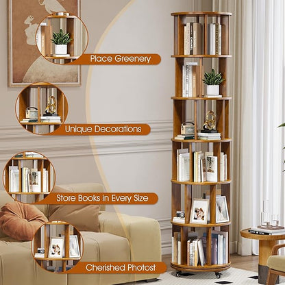 6 Tier Solid Wood Rotating Bookcase with Wheels, Round Revolving Bookshelf Organizer, 360° Spinning Storage Shelf for Corner, Small Narrow Spaces, Home, Office, Kids Room