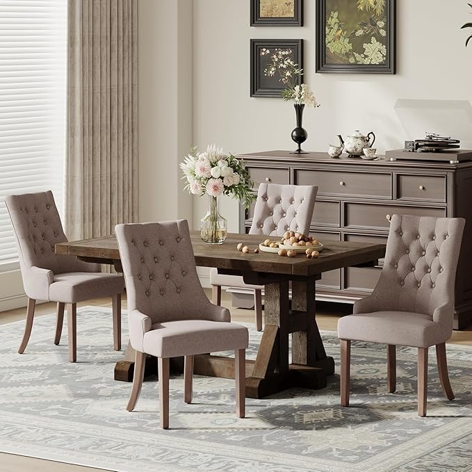 COLAMY Wingback Upholstered Side Dining Room Chairs Set of 4, Fabric Dining Chairs with Tufted Button, Living Room Chairs for Home Kitchen, Taupe