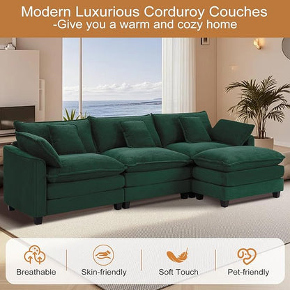 Furniliving 117‘’ L-Shaped Sofa, Luxury Corduroy Modular Sectional Couches with Ottoman, Upholstered Deep Seat Sleeper Sofa with Memory Foam and Waist Pillows, Green