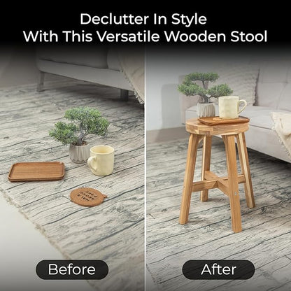 Round Stool Acacia Wood, 18" Height, 11'' Round Top, Backless, Easy Assembly, Natural Wax Finish, Wooden Stool for Plant, Dining Room, Kitchen Counter, Makeup