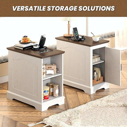 End Tables Set of 2 with Charging Station,13.8" W Narrow Side Table with Storage for Sofa Couch or Bed Side with Outlets & USB Ports, Farmhouse Wooden Nightstand for Bedroom Livingroom