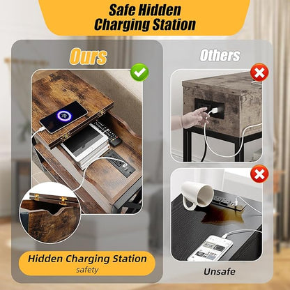 TooCust Flip Top End Table with Hidden Charging Station - 12" D×21" W×26" H Small Side Tables with Storage & Shelves, Compact Side Table for Small Spaces, Slim End Table with Charging Station, Brown